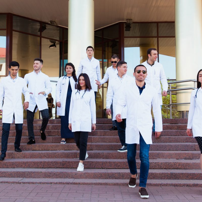 A friendship group of European medical students presented outdoor against the university door on the steps.